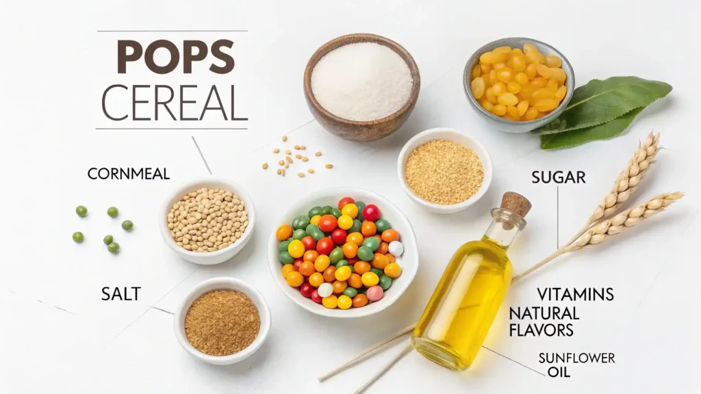 Ingredients for Pops Cereal displayed on a wooden table.
