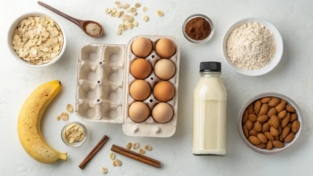 Ingredients for protein waffles arranged on a kitchen counter.