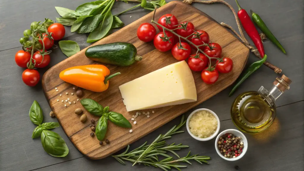 Ingredients for a recipe featuring provolone cheese, including vegetables and herbs.