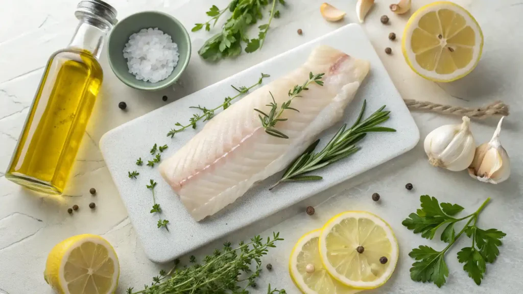 Ingredients for sablefish recipe including fish fillets, olive oil, lemon, garlic, and herbs.