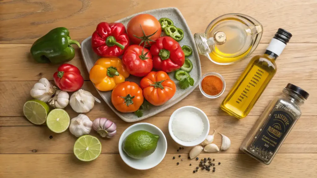 A beautifully arranged display of ingredients for a Scotch Bonnet recipe, including fresh peppers and spices.