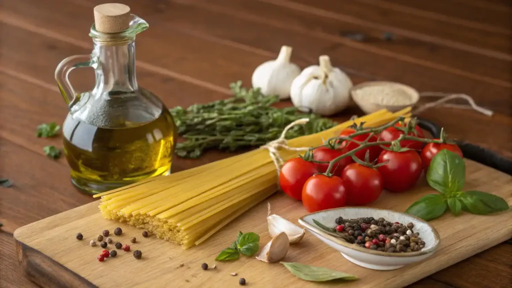 Ingredients for spaghetti sauce including olive oil, tomatoes, garlic, and herbs on a wooden counter.