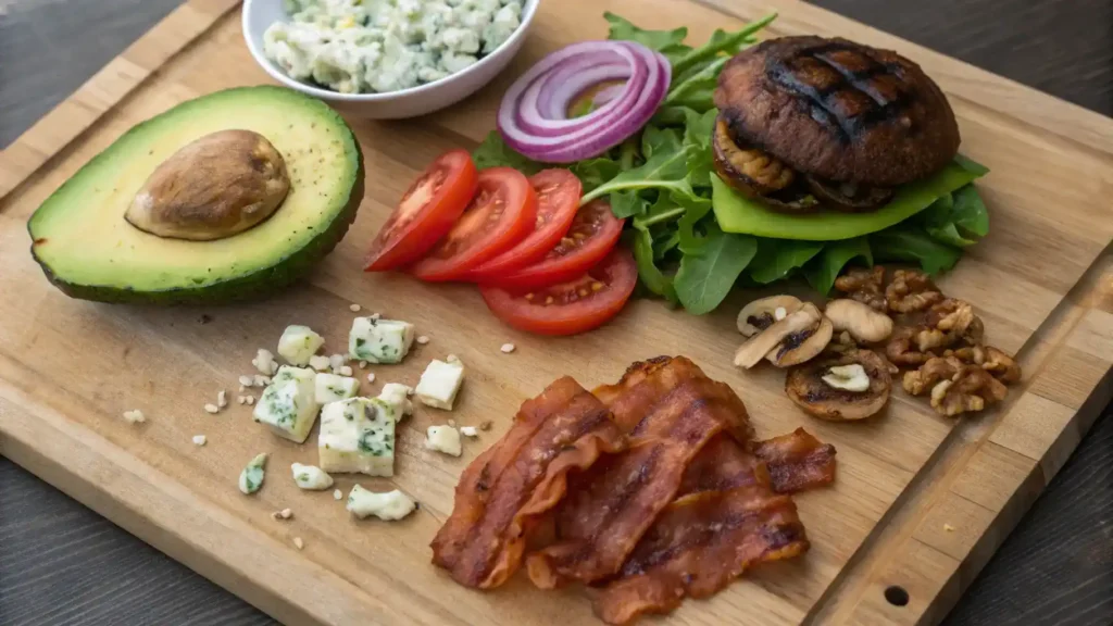 A variety of fresh ingredients for a wild burger, including ground beef, wild mushrooms, spices, and fresh vegetables.