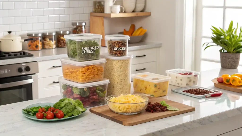 A well-organized kitchen with shredded cheese and fresh ingredients.