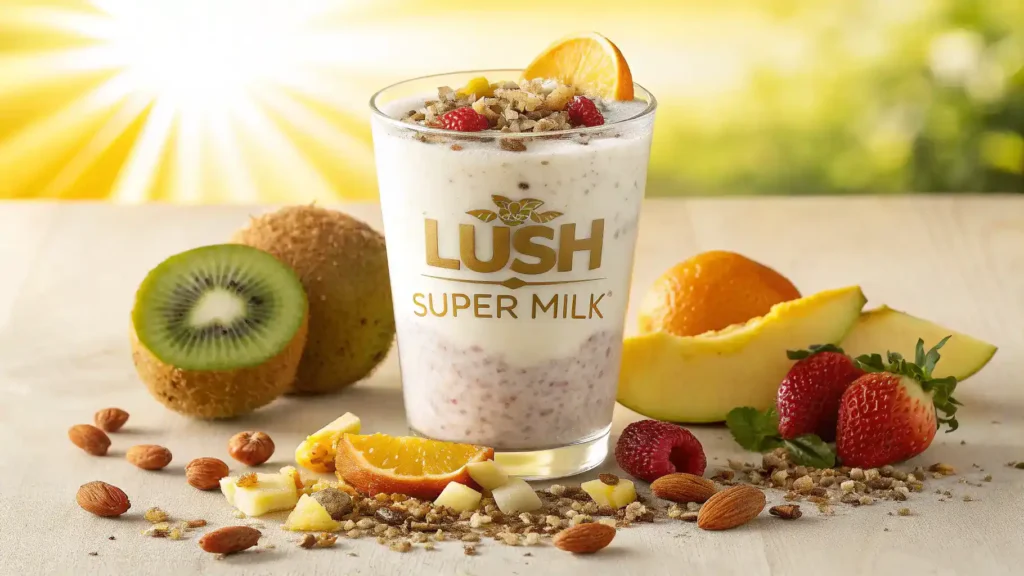 A glass of Lush Super Milk garnished with fruits and nuts.