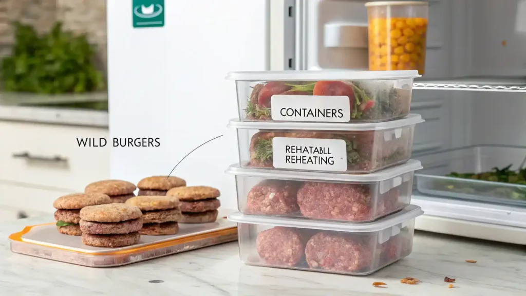 A visual guide on how to store and reheat wild burgers, featuring airtight containers and reheating methods.