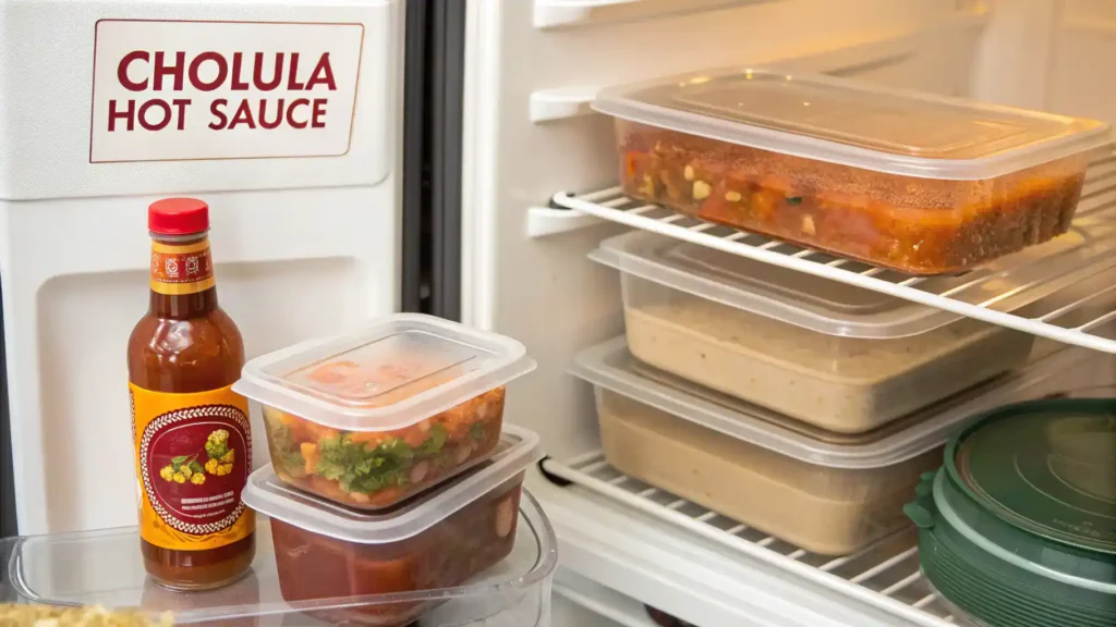 Storing leftovers of a dish made with Cholula Hot Sauce in airtight containers.