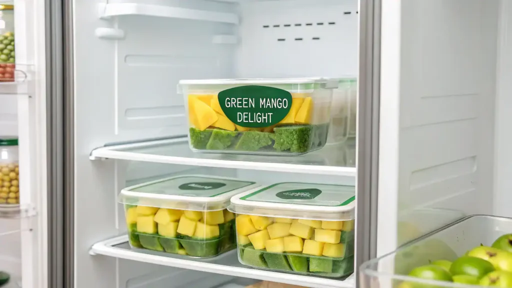 Storage tips for green mango delight displayed with containers in a refrigerator.