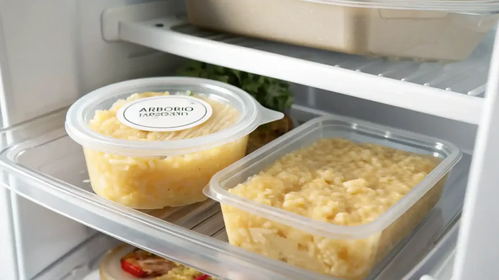 Leftover risotto stored in an airtight container in the refrigerator.