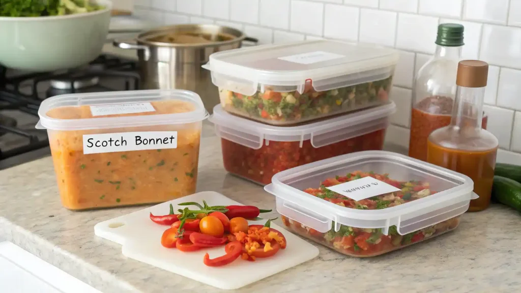 A visual guide on storing and freezing Scotch Bonnet dishes, with containers and labels.