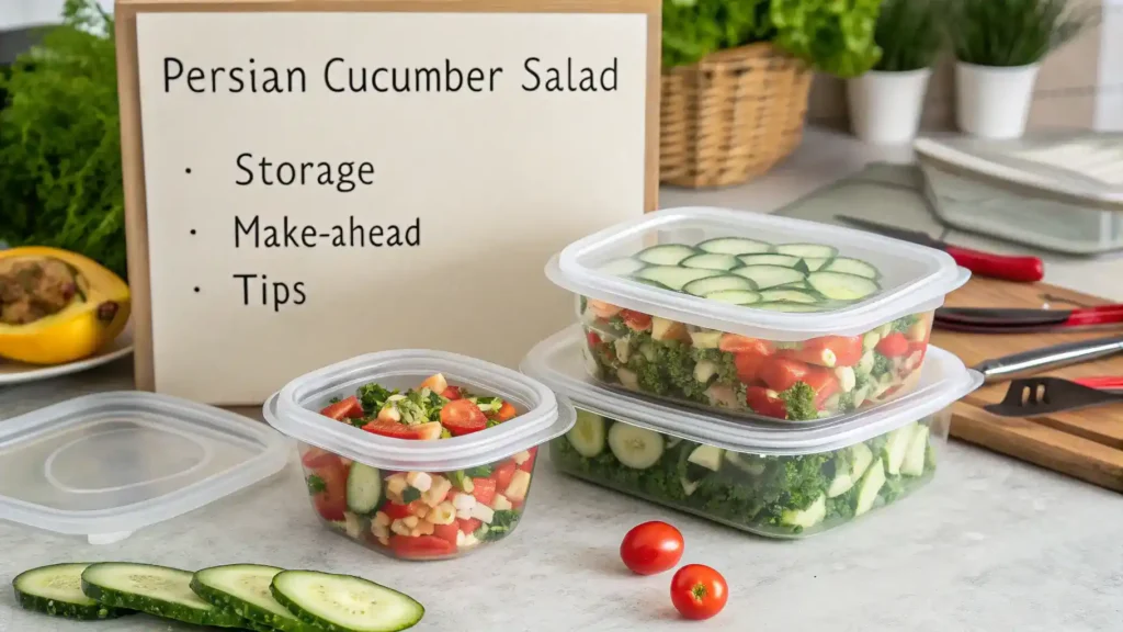 Storage tips for Persian cucumber salad with containers.