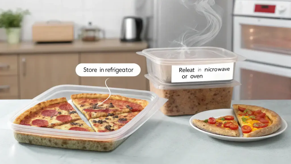 Storage and reheating instructions for leftover birria pizza.