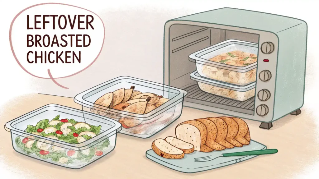 Storing and reheating leftover broasted chicken.