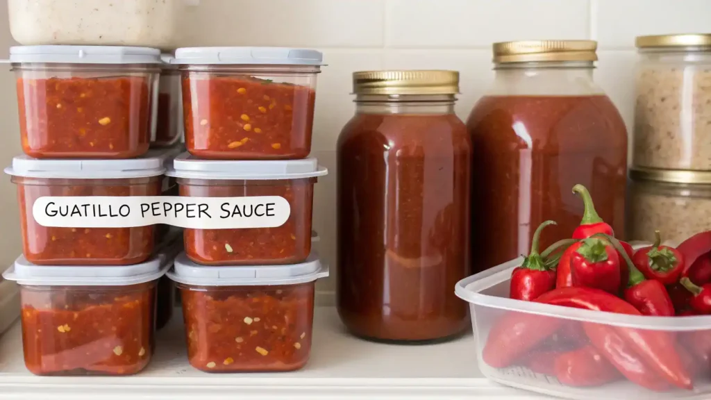 Storage methods for guajillo pepper sauce, showing airtight containers and labeling.