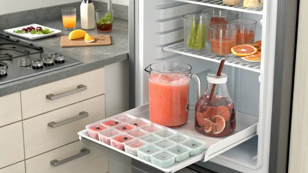 Storing and making ahead Miami Vice drink with containers and ice cube trays.