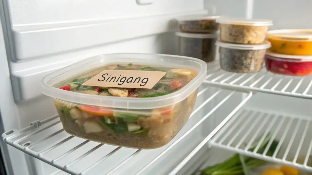 Leftover sinigang being stored in the refrigerator.