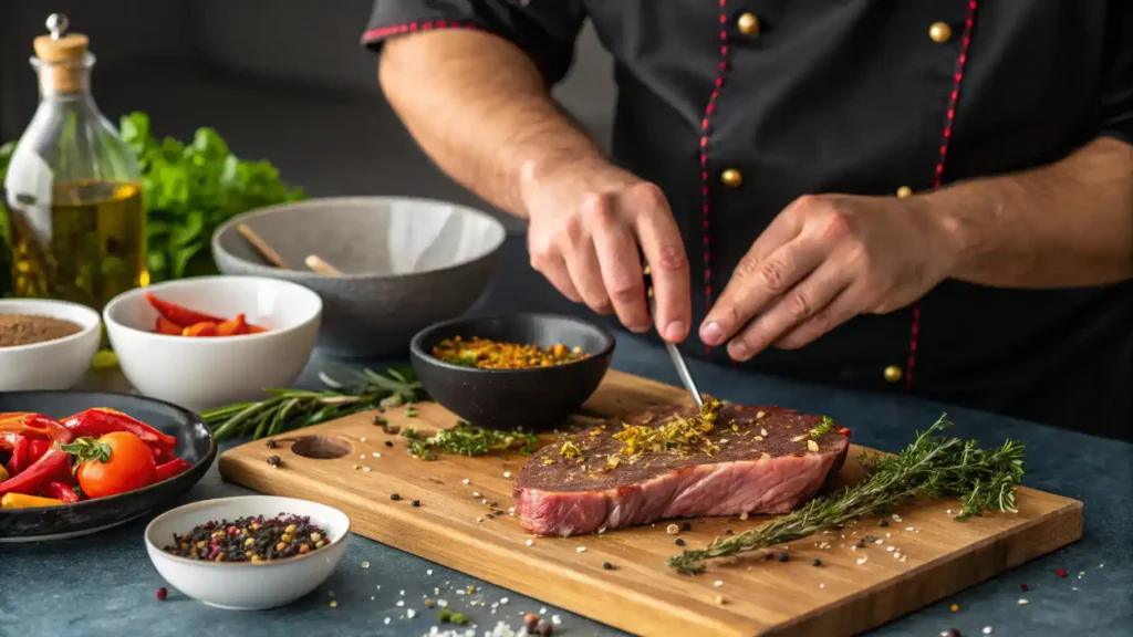 A chef marinating bistec with spices and herbs in a kitchen setting.