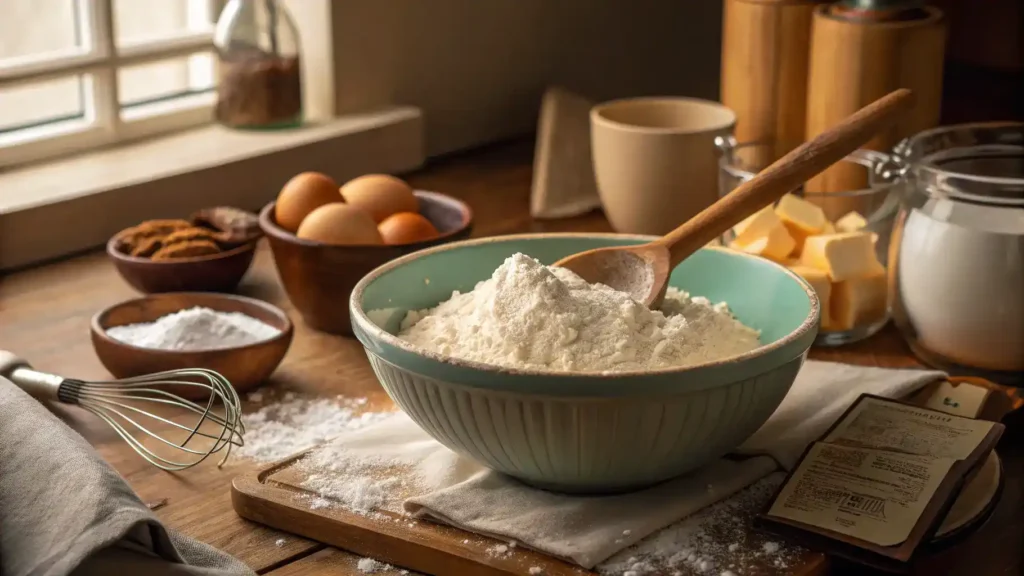 A large bowl filled with flour, baking powder, and salt being whisked together in a cozy kitchen.