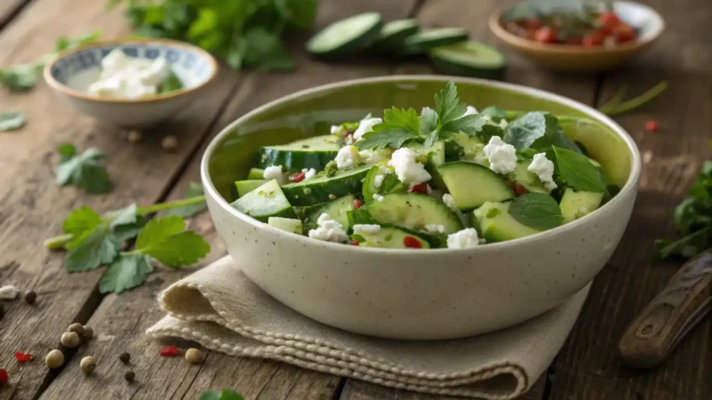 A beautifully presented Persian cucumber salad with herbs and feta cheese.