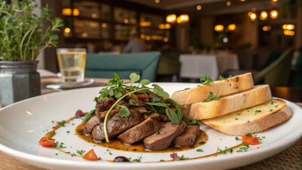 A beautifully plated chicken liver dish served with toast and garnished with herbs.