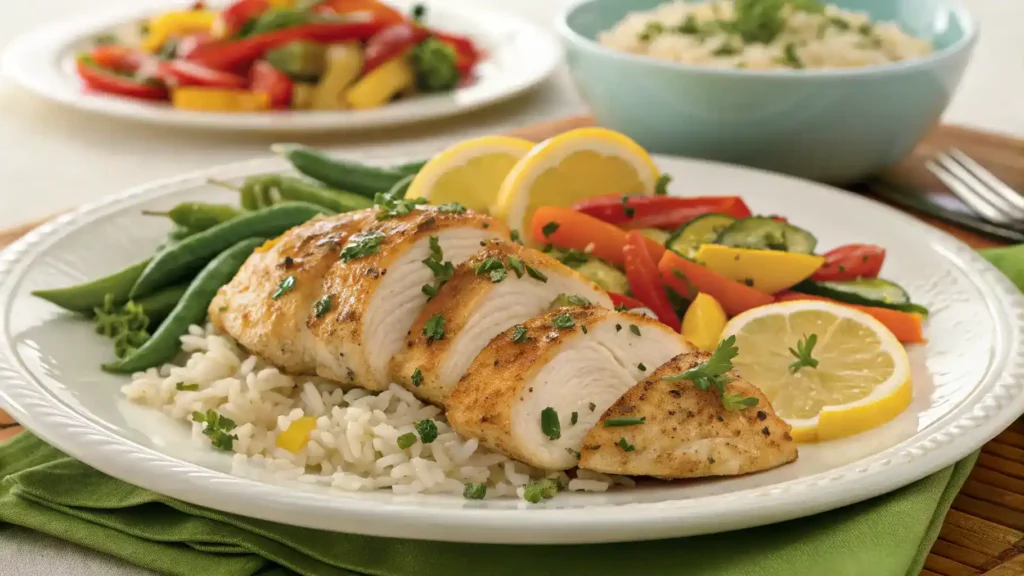 Plated Neiman Marcus Chicken with sides on a dining table.