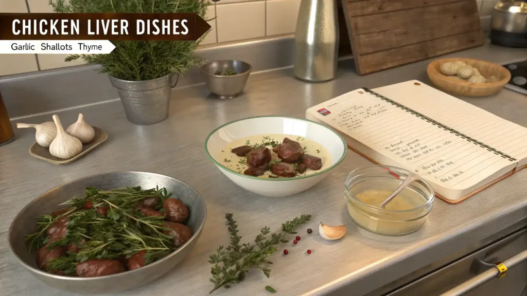 Chef's workspace with tips for making chicken liver dishes.