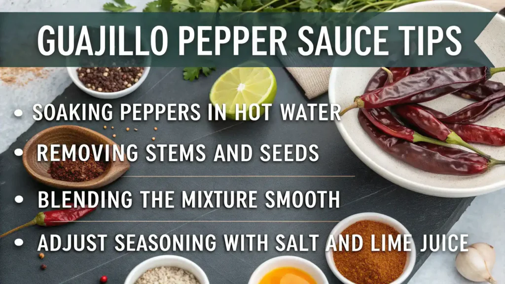 Pro tips for making guajillo pepper sauce, including toasting, soaking, and seasoning.