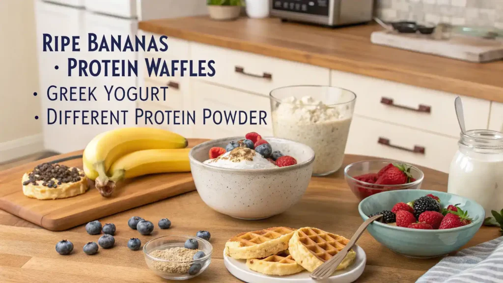 Pro tips for making the best protein waffles displayed in a kitchen.
