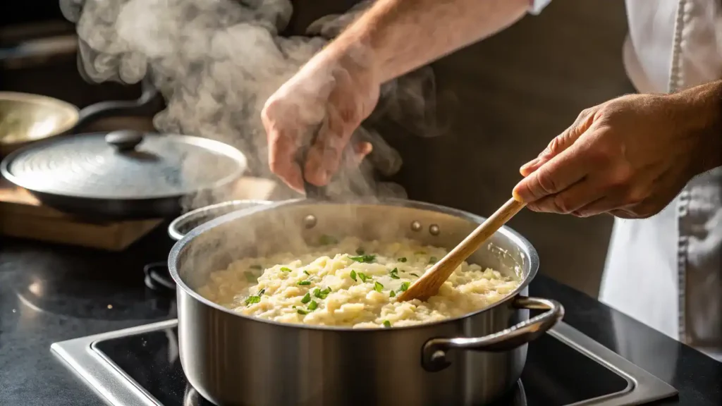 A chef stirring a pot of creamy risotto made with Arborio rice.