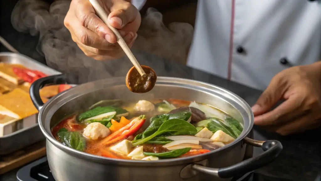 Chef adding tamarind to sinigang soup.