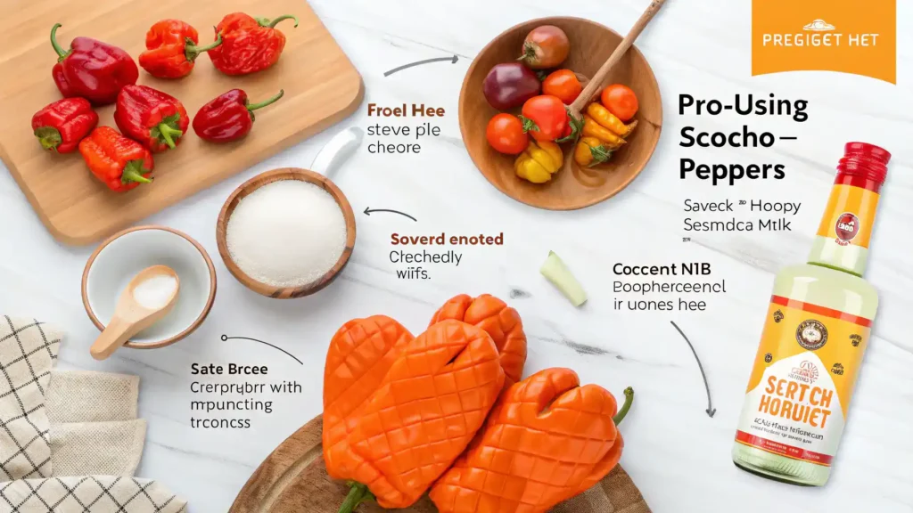 Visual tips for using Scotch Bonnet peppers, including gloves and sweet ingredients.