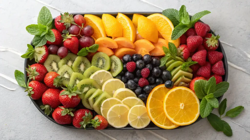 Pro tips for making a fruit tray with colorful fruits and garnishes.