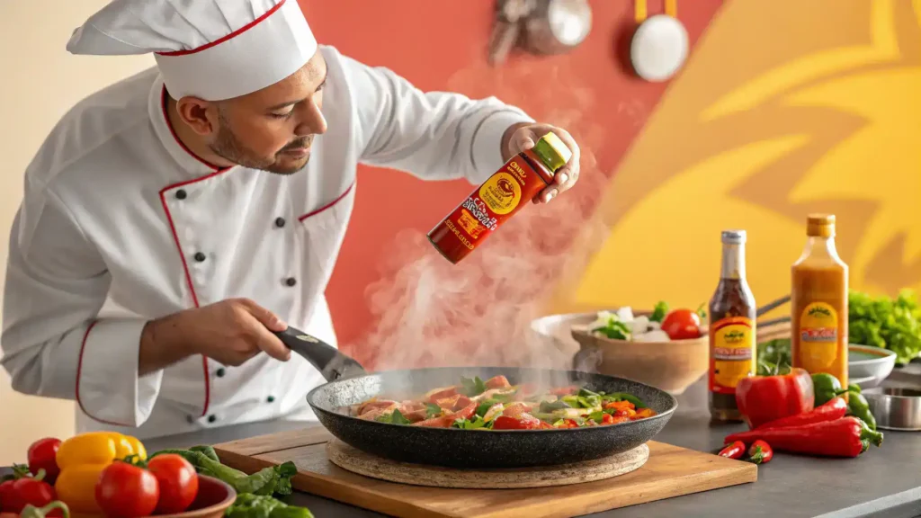 Chef adding Cholula Hot Sauce to a pan while cooking.