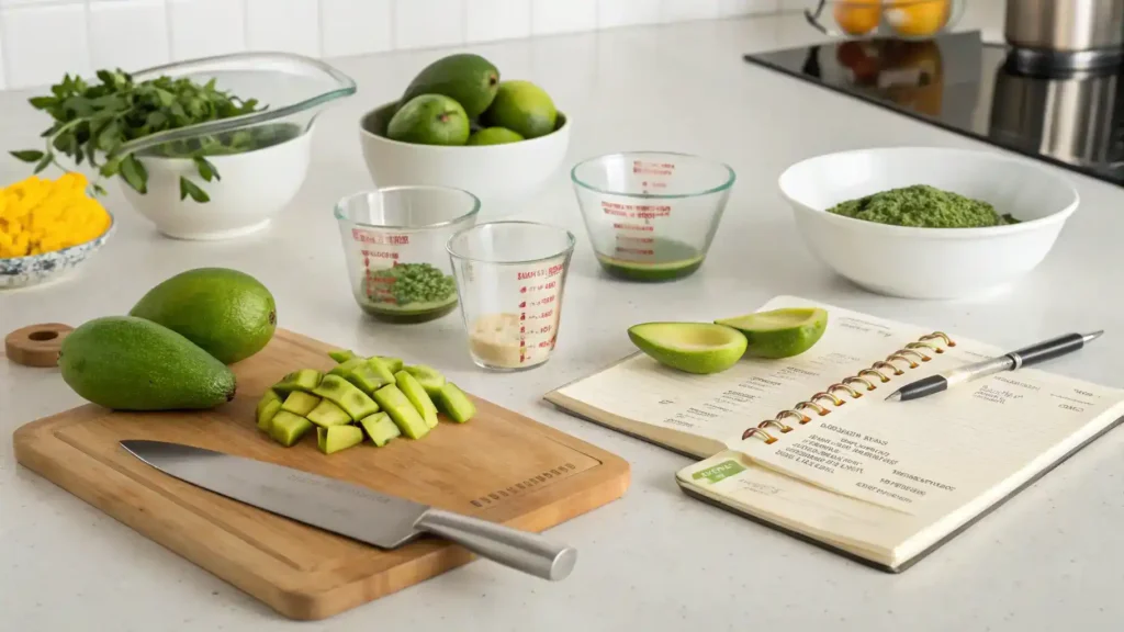Pro tips for making a green mango recipe displayed on a kitchen counter.