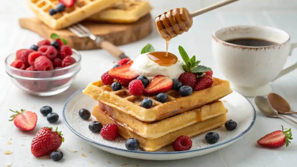 Delicious stack of protein waffles topped with berries and yogurt.