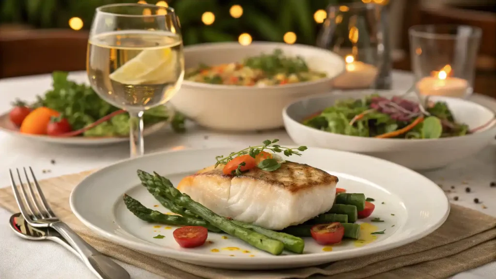 Sablefish dish served at a dinner table with side dishes and wine.