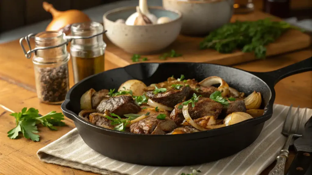 A skillet filled with sautéed chicken livers, onions, and garlic, garnished with fresh herbs.