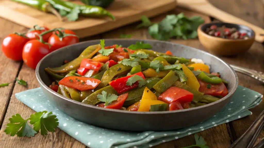 A vibrant dish of sautéed el nopal with bell peppers and tomatoes, garnished with herbs.