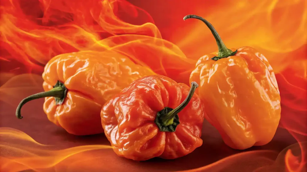 Close-up of Scotch Bonnet peppers with a fiery background, showcasing their vibrant color and heat.