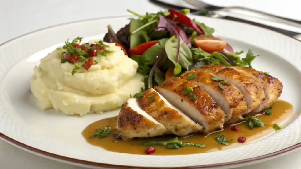Neiman Marcus Chicken served with mashed potatoes and salad.