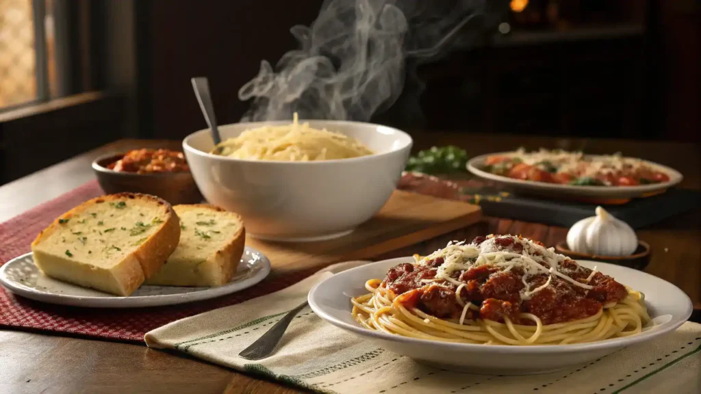 A dining table set with spaghetti sauce, spaghetti, and garlic bread.