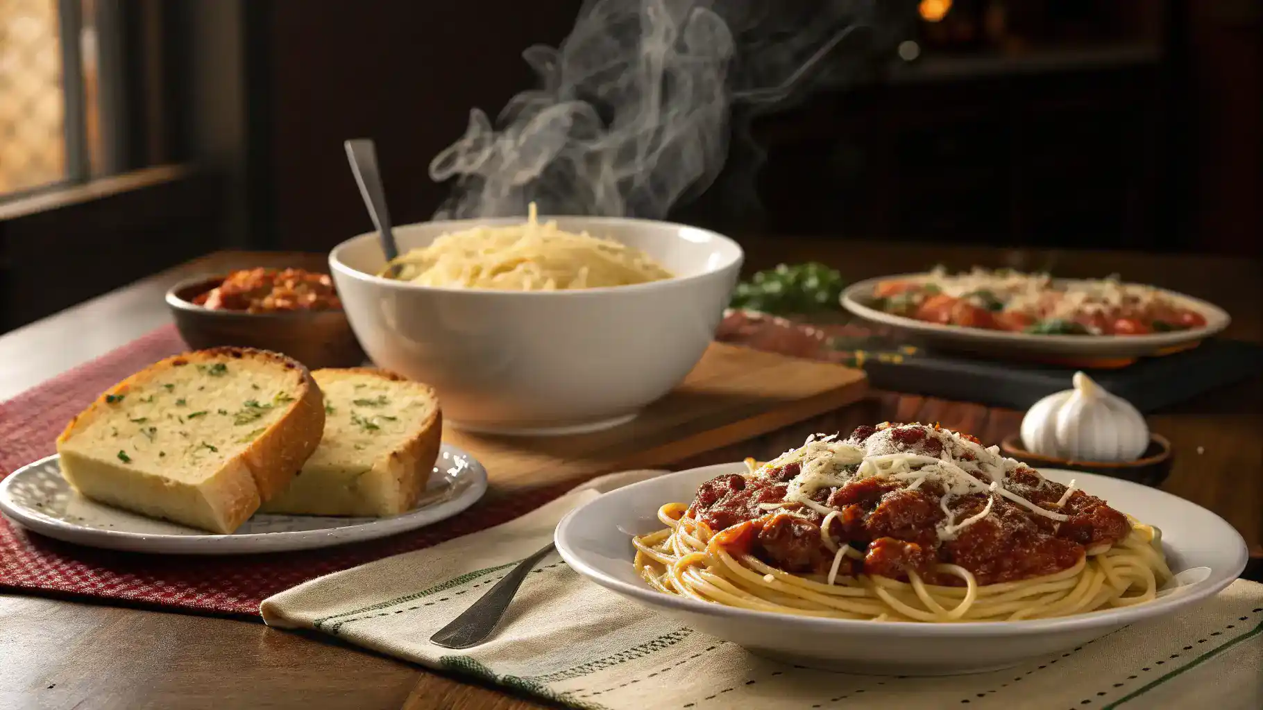 A dining table set with spaghetti sauce, spaghetti, and garlic bread.