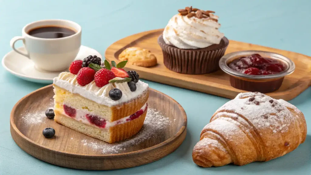 A variety of baked goods served with whipped cream, fresh berries, and coffee.