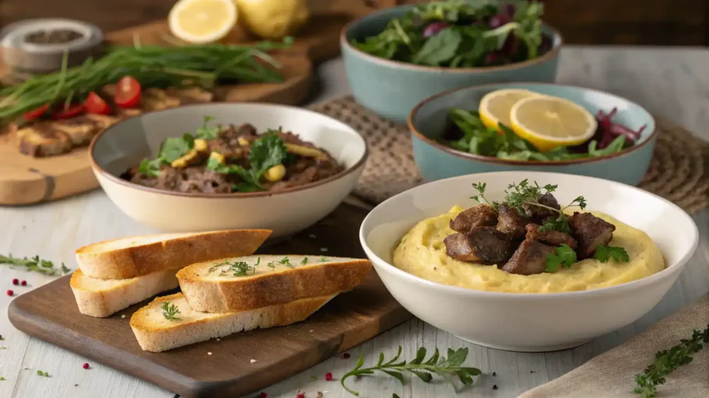 Various serving suggestions for chicken liver dishes.