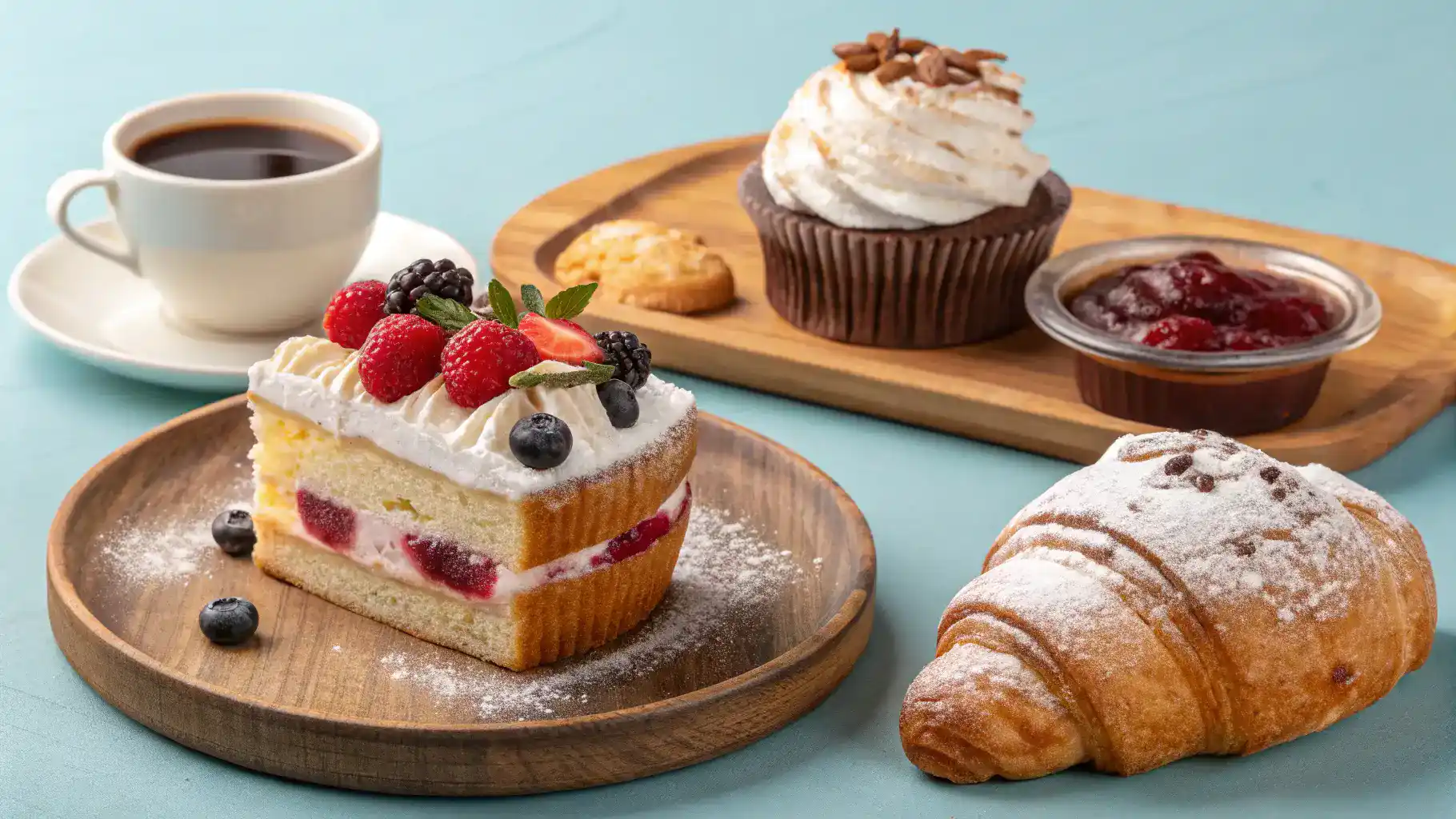 A variety of baked goods served with whipped cream, fresh berries, and coffee.