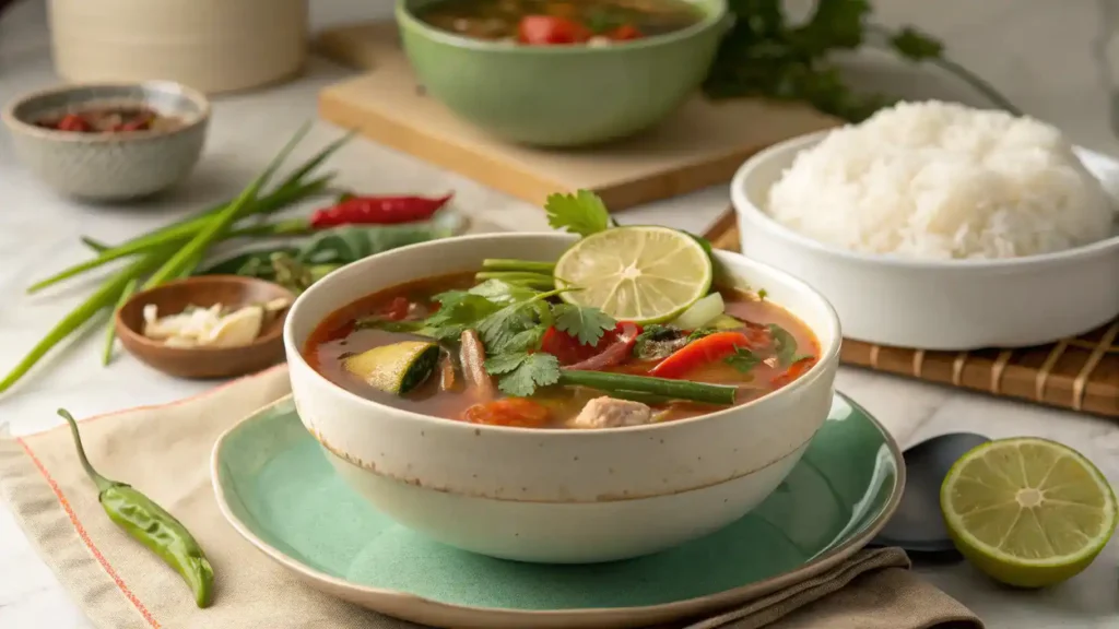 A bowl of sinigang served with rice and garnished with herbs.