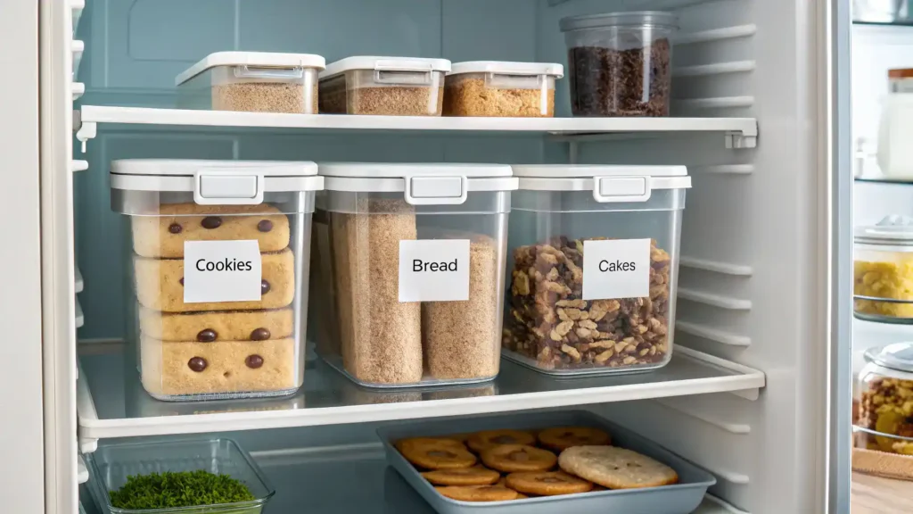 Proper storage methods for baked goods with airtight containers and labels.