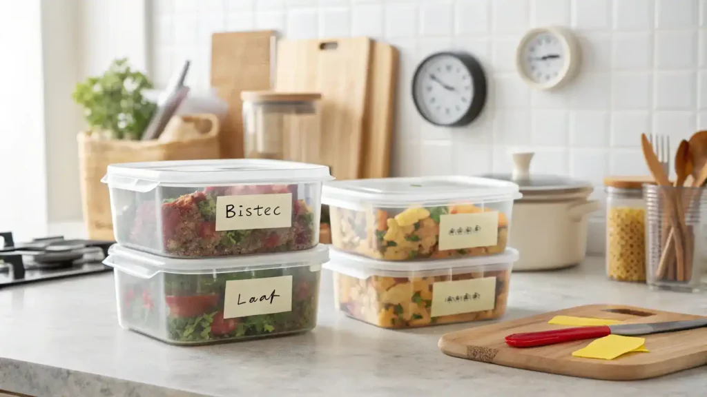 Leftover bistec stored in airtight containers with labels.