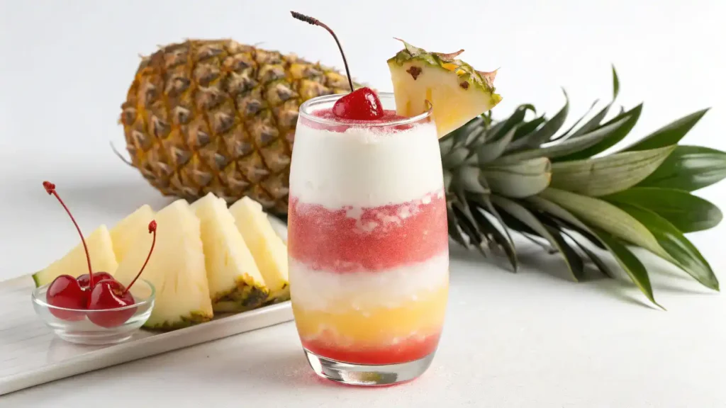 A finished Miami Vice drink served in a tall glass with vibrant layers.