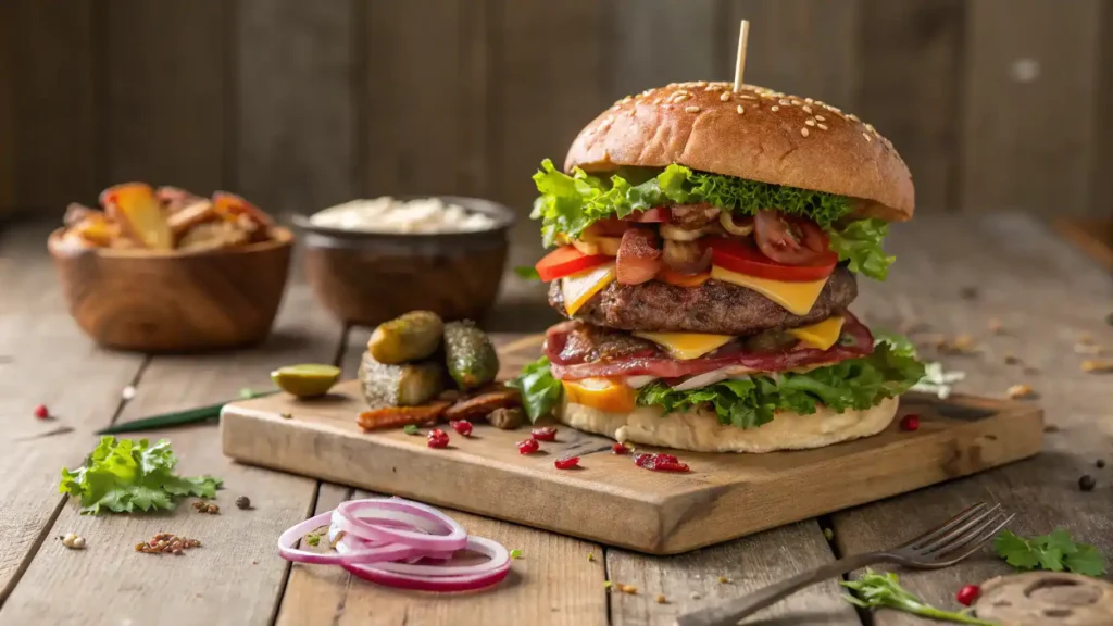 A delicious wild burger topped with fresh lettuce, tomato, and cheese, served on a wooden table.